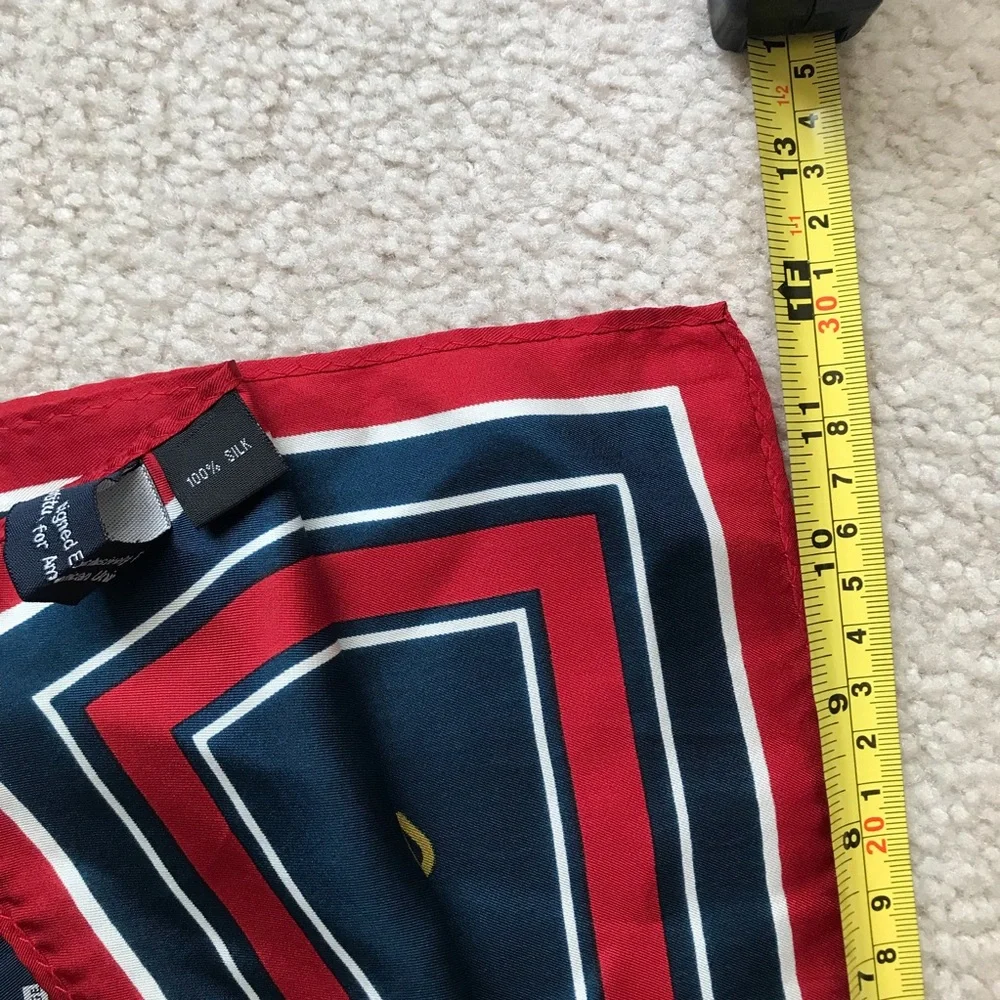 NWOT 100% Silk Navy Crest Print Rectangular Scarf with Red Border